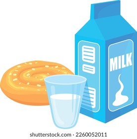 Milk glass and sweet bun. Cartoon food icon isolated on white background