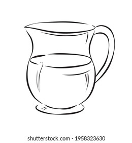 Milk in a glass, transparent jug. Vector sketch drawn with a line. Milk container. Tea drinking.