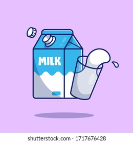 Milk And Glass Vector Icon Illustration. Breakfast Time. Flat Cartoon Style Suitable for Web Landing Page, Banner, Flyer, Sticker