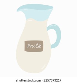 Milk in a graph with label. Beverage for breakfast. Vegetarian, healthy drink. Popular products. Vector hand drawn clipart in trendy naive style. Cute illustration isolated on background.