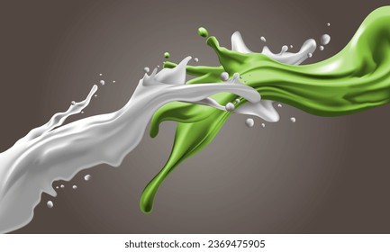 Milk and green tea splashes dynamic flow mixed on yellow background vector illustration.