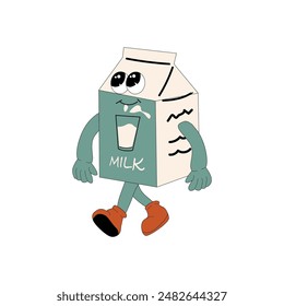 Milk Groovy Character. Isolated on white. Cute y2k drink sticker. Milk in paper wrapping - mascot.