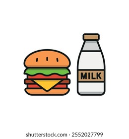 Leche y hamburguesa conjunto icono de alimentos Vector diseño básico simple y moderno concepto gráfico