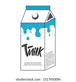 Milk hand drawn modern brush lettering text with milk carton. Vector illustration logo for print and advertising