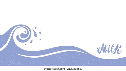 Milk hand lettering and a milky wave in lilac color with texture. Digital vector illustration for packaging banner poster business card ads. Set for milk production