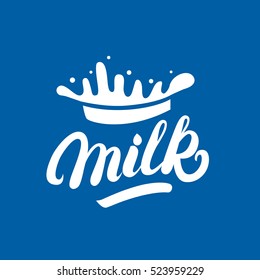 Milk hand written lettering logo, label or badge. Design elements with splashes for grocery, agriculture store, packaging and advertising. Vector illustration.