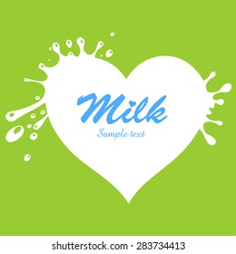 Milk heart isolated on green background. Vector illustration.