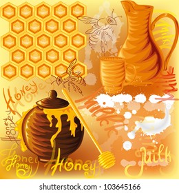Milk, honey, milk drop, bee and other elements for design