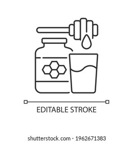Milk and honey linear icon. Treatment before bed. Sweetened drink to improve sleep. Thin line customizable illustration. Contour symbol. Vector isolated outline drawing. Editable stroke