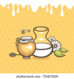 Milk And Honey Vector Illustration. Honey Jar With Jug Of Milk On Honeycombs Background. Design For Logo, Food Pack And Natural Cosmetic. Farm Products.