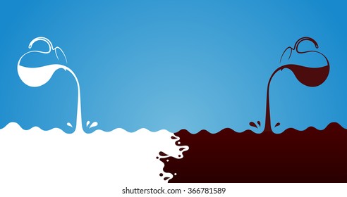 Milk hot chocolate flows from jug. Spray drops wave the white and brown on blue background. Advertising label sticker template