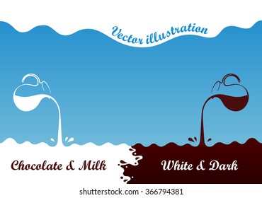 Milk hot chocolate flows from jug. Spray drops wave the white and brown on blue background. Advertising label sticker template