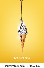Milk ice cream in the cone, Pour chocolate syrup, transparent Vector