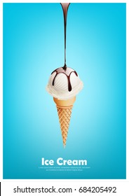 Milk ice cream cone, Pour chocolate syrup, dairy product flavor, Vector illustration