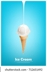 Milk ice cream in the cone, Pour melted milk, Vector illustration