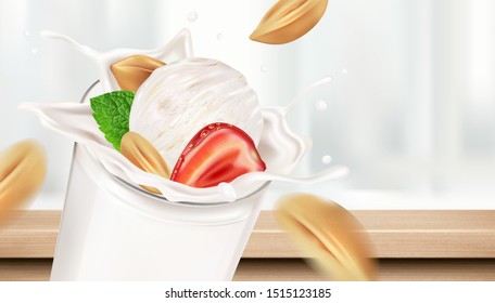 Milk ice cream glass and milky splashing with strawberry, peanut fruits. Realistic vector in 3D illustration.