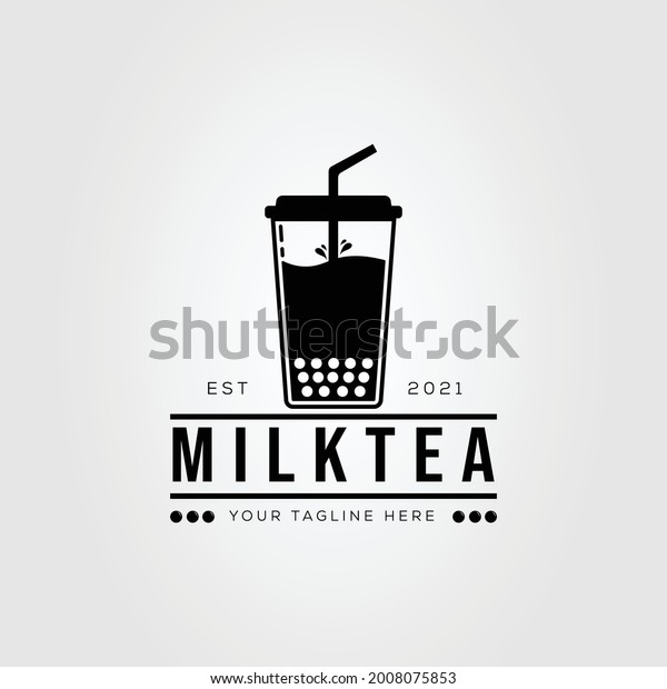 ミルクアイスティーとバブルドリンクのロゴベクターイラストデザイン 飲料カフェ用のビンテージバブルミルクティーのロゴ のベクター画像素材 ロイヤリティ フリー