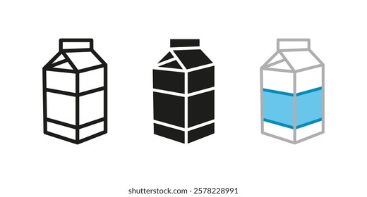 Milk icon. Milk carton vector illustration. Dairy drink symbol. Paper package milk sign. Dairy nourishment pictogram isolated outline, line, black and colored silhouette.