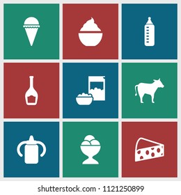 Milk icon. collection of 9 milk filled icons such as baby bottle, ice cream, ice cream ball, milkshake, cheese, cow, bottle. editable milk icons for web and mobile.