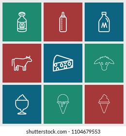 Milk icon. collection of 9 milk outline icons such as cow, baby bottle, cheese, goat. editable milk icons for web and mobile.