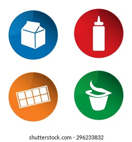 Milk icon. Sauce bottle icon. Chocolate bar icon. Yogurt icon. Dairy icon. Vector. Button