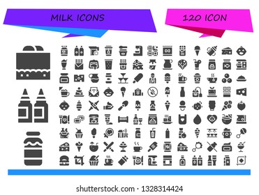 milk icon set. 120 filled milk icons.  Collection Of - Chocolate fudge, Milk, Inks, Ink, Sauces, Juice, Tea, Ice cream, Coffee machine, Chocolate, Feed, Feeding bottle, Cheese