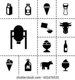 Milk icon. set of 13 filled milkicons such as cow, milk can, tank, ice cream, ice cream ball, milk glass, cereal