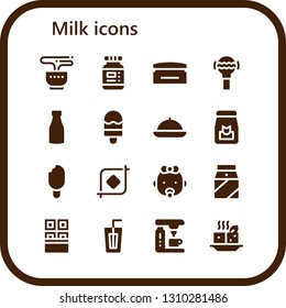 milk icon set. 16 filled milk icons.  Simple modern icons about  - Tea, Ink, Cream, Rattle, Milk, Ice cream, Food, Crop, Baby, Chocolate, Drink, Coffee machine, Tofu