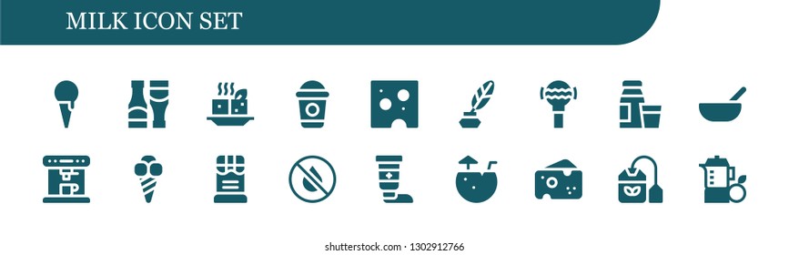  milk icon set. 18 filled milk icons.  Simple modern icons about  - Ice cream, Sauces, Tofu, Frappe, Cheese, Ink, Rattle, Diary product, Baby food, Coffee machine, Chocolate, Cream