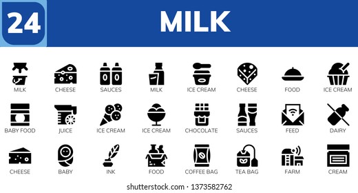 milk icon set. 24 filled milk icons.  Simple modern icons about  - Milk, Cheese, Sauces, Ice cream, Food, Baby food, Juice, Chocolate, Feed, Dairy, Baby, Ink, Coffee bag, Tea bag