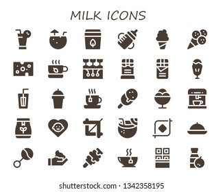milk icon set. 30 filled milk icons.  Simple modern icons about  - Juice, Coconut water, Tea bag, Feeding bottle, Ice cream, Cheese, Tea, Farming, Chocolate, Sundae, Drink, Coffee machine