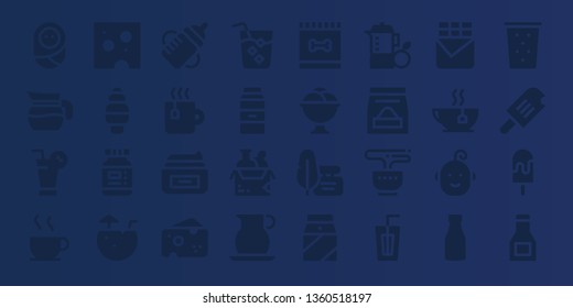milk icon set. 32 filled milk icons. on blue background style Collection Of - Baby, Jug, Juice, Chocolate, Cheese, Ice cream, Ink, Coconut water, Feeding bottle, Tea, Cream, Drink