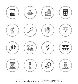 Milk icon set. collection of 16 outline milk icons with cafe, coconut, coffee bag, chocolate, butter, food, ice cream, farm, irish coffee, panna cotta, rattle, scoop icons.