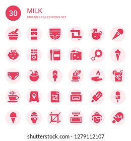milk icon set. Collection of 30 filled milk icons included Baby food, Coffee machine, Diaper, Crop, Coconut drink, Baby, Chocolate, Cheese, Rattle, Coconut, Ice cream, Tea, Pyre