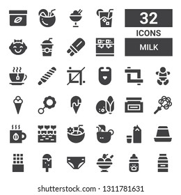 milk icon set. Collection of 32 filled milk icons included Milk, bottle, Ice cream, Diaper, Chocolate bar, Creme caramel, Coconut drink, Farm, Tea, Rattle, Cream, Coconut