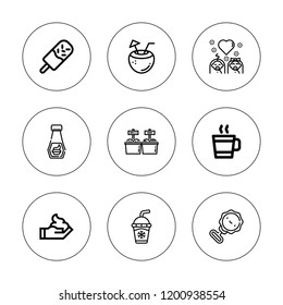 Milk icon set. collection of 9 outline milk icons with coconut, cream, hot drink, ice cream, mayonnaise, rattle, sorbet icons. editable icons.