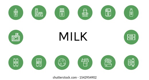 milk icon set. Collection of Smoothie, Cream, Chocolate bar, Barista, Condensed milk, Milk bottle, Chocolate, Chocolate chip, Breast pump, Cheese, Instant coffee icons