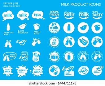 Milk icon set. Dairy product symbol. Milk organic logo. Fresh dairy icon collection. Food and drink sign elements.