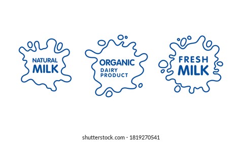 Milk icon set. Dairy product symbol .  Splash shape. Milk organic logo collection with different ideas and shapes. Food and drink sign elements. Milk jug. Drink bottle.