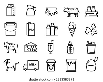 Juego de iconos de la leche. ilustración del vector de producto lácteo en color negro y blanco