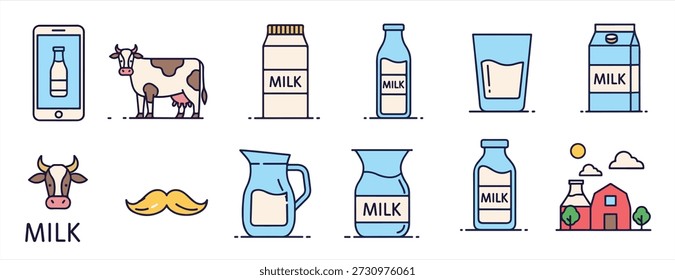 Conjunto de iconos de leche con varios artículos 