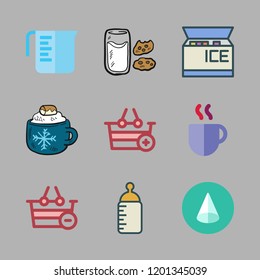 milk icon set. vector set about measuring cup, breakfast, shopping basket and feeding bottle icons set.