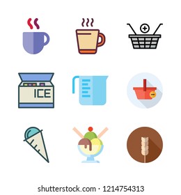 milk icon set. vector set about hot drink, shopping basket, measuring cup and cereal icons set.