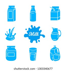 Milk icon set, vector illustration. Includes: dairy package, jug, lactic bottle and glass of milk, splash for web, mobile app, logo, infographics, packaging, advertising