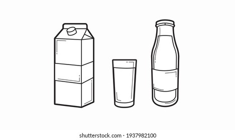 Milk Icon Set. Vector isolated black and white milk box or carton, milk bottle and a glass of milk