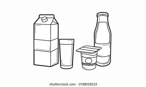 Milk Icon Set. Vector isolated black and white milk box or carton, milk bottle, yogurt and a glass of milk