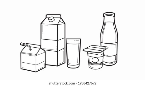 Milk Icon Set. Vector isolated black and white milk box or carton, milk bottle, yogurt and a glass of milk