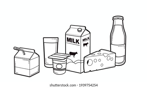 Juego de iconos de la leche. Caja de leche o caja de cartón negra y blanca aislada por vectores, botella de leche, yogur, queso y un vaso de leche