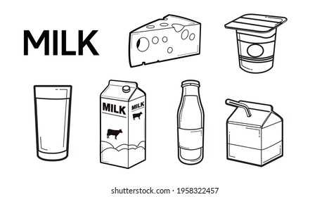 Milk Icon Set. Vector isolated black and white milk box or carton, milk bottle, yoghurt, cheese and a glass of milk