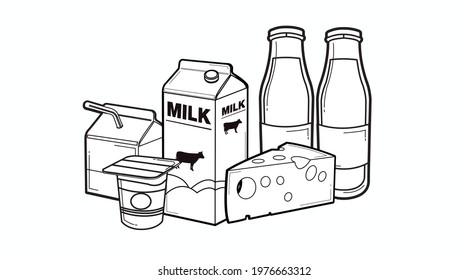 Milk Icon Set. Vector isolated black and white milk box or carton, milk bottles, yoghurt, cheese 